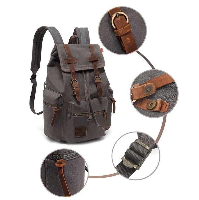 HuaChen Vintage Canvas Backpack with Leather Accents â€“ Durable Travel Rucksack for Hiking, Camping, and Everyday Use â€“ Men and Women M32-Gray-L - Image 4
